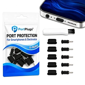 PortPlugs USB-C & 3.5mm Dust Plugs, 5 Pairs, with SIM Tool and Cleaning Brush - Black PortPlugs USB-C & 3.5mm Dust Plugs, 5 Pairs, with SIM Tool and Cleaning Brush - Black