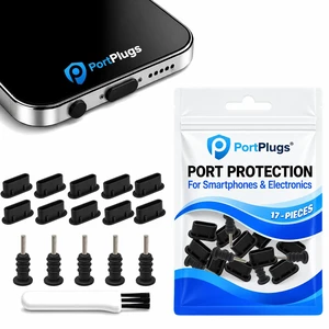 PortPlugs USB-C Dust Plug Set, 17-Piece, with Carry Case and Cleaning Brush - Black PortPlugs USB-C Dust Plug Set, 17-Piece, with Carry Case and Cleaning Brush - Black