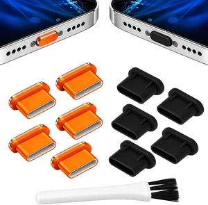 PortPlugs USB-C Dust Plugs 10 Pack, 5 Aluminum and 5 Silicone, Cleaning Brush - Orange PortPlugs USB-C Dust Plugs 10 Pack, 5 Aluminum and 5 Silicone, Cleaning Brush - Orange