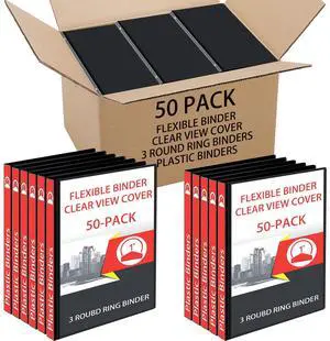 50 Pcs 3 Ring Binders Bulk with 2 Interior Pockets Round Soft Flexible Ring Binders Holds 175 Sheets with Clear Cover for Office School (1 Inch,Black) 50 Pcs 3 Ring Binders Bulk with 2 Interior Pockets Round Soft Flexible Ring Binders Holds 175 Sheets with Clear Cover for Office School (1 Inch,Black)