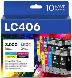 LC406 Ink Cartridges Compatible for Brother LC406 LC406XL LC 406XL | Work for Brother MFC-J4335DW MFC-J5855DW MFC-J4535DW MFC-J6555DW MFC-J6955DW Printer (10 Pack, 4 BK, 2 C, 2 M, 2 Y) LC406 Ink Cartridges Compatible for Brother LC406 LC406XL LC 406XL | Work for Brother MFC-J4335DW MFC-J5855DW MFC-J4535DW MFC-J6555DW MFC-J6955DW Printer (10 Pack, 4 BK, 2 C, 2 M, 2 Y)