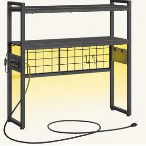 Desktop Bookcase, 2-Tier Office Desktop Organizer, 29.9" Wooden Storage Rack with Outlets, Display Shelf Rack with Light Strip, Desk Hutch for Office, Black BB11UDSJ01 Desktop Bookcase, 2-Tier Office Desktop Organizer, 29.9" Wooden Storage Rack with Outlets, Display Shelf Rack with Light Strip, Desk Hutch for Office, Black BB11UDSJ01