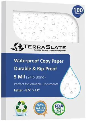 Premium Waterproof Paper, 5 Mil 8.5 x 11, Laser Printer & Copy Machine Compatible, Durable & Rain/Weather-Proof Copy Paper, White Paper (100 Sheets) Premium Waterproof Paper, 5 Mil 8.5 x 11, Laser Printer & Copy Machine Compatible, Durable & Rain/Weather-Proof Copy Paper, White Paper (100 Sheets)