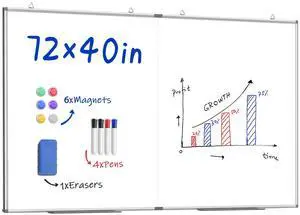 72"X 40" Large Magnetic Dry Erase Whiteboard, Removable Wall Hanging Board with 4 Pens & 1 Dry Erasers & 6 Magnets, Sliver Aluminum Frame White 72"X 40" Large Magnetic Dry Erase Whiteboard, Removable Wall Hanging Board with 4 Pens & 1 Dry Erasers & 6 Magnets, Sliver Aluminum Frame White