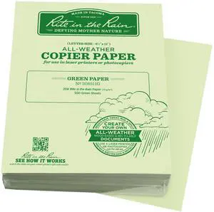 Weatherproof Bulk Copier Paper, 8.5" x 11", 20# Green, 500 Sheet Pack (No. 208511G) Weatherproof Bulk Copier Paper, 8.5" x 11", 20# Green, 500 Sheet Pack (No. 208511G)