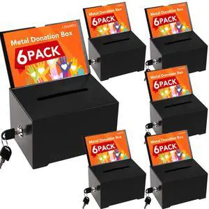Suggestion Boxes with Slot and Lock, 6 Pack Metal Donation Boxes | Suggestion Box for Fundraising with Lock & Sign Holder, Black Tip Jar for Office, Fundraising, Church, School Suggestion Boxes with Slot and Lock, 6 Pack Metal Donation Boxes | Suggestion Box for Fundraising with Lock & Sign Holder, Black Tip Jar for Office, Fundraising, Church, School