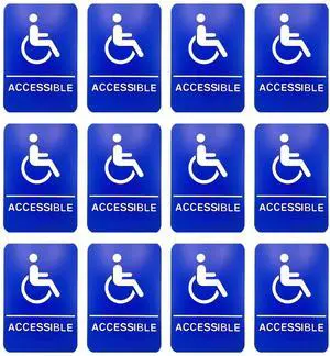 ADA Handicap Accessible Compliant Sign with Braille Sign w/Adhesive Back - Durable and Wipe Clean Plastic - 9"X6" - Blue and White - Business Restaurant Signage - 12 PK ADA Handicap Accessible Compliant Sign with Braille Sign w/Adhesive Back - Durable and Wipe Clean Plastic - 9"X6" - Blue and White - Business Restaurant Signage - 12 PK