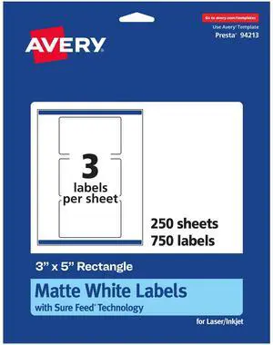 ® Matte White Rectangle Labels, Sure Feed® Technology, 3" x 5", 750 Matte White Printable Labels ® Matte White Rectangle Labels, Sure Feed® Technology, 3" x 5", 750 Matte White Printable Labels