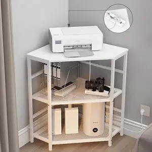 Corner Printer Stand Table with Power Outlet Charging Plugs USB Port Adjustable Storage Shelf Computer Tower CPU Stand Holder for Home Office (White) Corner Printer Stand Table with Power Outlet Charging Plugs USB Port Adjustable Storage Shelf Computer Tower CPU Stand Holder for Home Office (White)