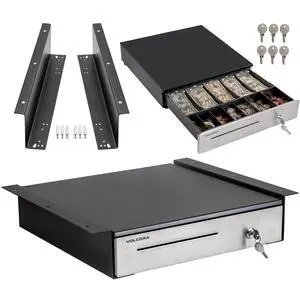 Cash Register Drawer with Under Counter Mounting Metal Bracket - 16 Black - Stainless Steel Front for POS, 5 Bill 6 Coin Removable Compartment, 12-24V RJ11/RJ12 Key-Lock, Media Slot Cash Register Drawer with Under Counter Mounting Metal Bracket - 16 Black - Stainless Steel Front for POS, 5 Bill 6 Coin Removable Compartment, 12-24V RJ11/RJ12 Key-Lock, Media Slot