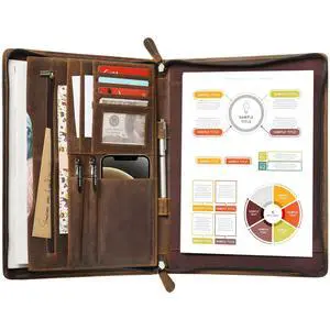 Genuine Leather Portfolio with Zipper, Business Organizer for A4/Pad/Phone, Brown, RS63 Genuine Leather Portfolio with Zipper, Business Organizer for A4/Pad/Phone, Brown, RS63