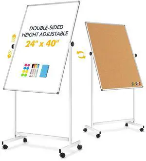 Rolling Whiteboard Corkboard Combo with Stand 24"x40" | Double-Sided Mobile Dry Erase Bulletin Board on Wheels, Reversible Height Adjustable Standing Board for Home Office Rolling Whiteboard Corkboard Combo with Stand 24"x40" | Double-Sided Mobile Dry Erase Bulletin Board on Wheels, Reversible Height Adjustable Standing Board for Home Office