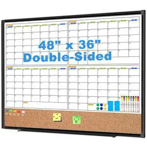 4 Month Calendar Dry Erase Board and Corkboard Combo for Wall, 48" x 36" Double-Sided Large Dry Erase Calendar and Bulletin Board Wall Mounted for Office Home and School 4 Month Calendar Dry Erase Board and Corkboard Combo for Wall, 48" x 36" Double-Sided Large Dry Erase Calendar and Bulletin Board Wall Mounted for Office Home and School