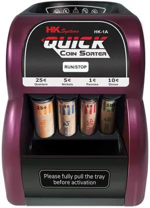 HK-1A, USD Coin Sorter, Sorts 260 Coins Per Minute into Coin Wrappers, 1 Row Coin Wrapper Tubes Included HK-1A, USD Coin Sorter, Sorts 260 Coins Per Minute into Coin Wrappers, 1 Row Coin Wrapper Tubes Included