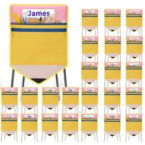 24 PCS Yellow Chair Pockets for Classroom, 17x20 Inch Large Seat Sacks with Pencil Design & Name Tag, Teacher Supplies for Desk Organization, School Chair Organizer Storage (Bright Yellow) 24 PCS Yellow Chair Pockets for Classroom, 17x20 Inch Large Seat Sacks with Pencil Design & Name Tag, Teacher Supplies for Desk Organization, School Chair Organizer Storage (Bright Yellow)
