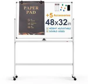 Large Dry-Erase Rolling Magnetic Whiteboard - 48 x 32 Inches Dry Erase Board with Stand Height Adjust Double Sides Mobile White Board Easel on Wheels with 25 Sheets Paper Pad Office, Home & Classroom Large Dry-Erase Rolling Magnetic Whiteboard - 48 x 32 Inches Dry Erase Board with Stand Height Adjust Double Sides Mobile White Board Easel on Wheels with 25 Sheets Paper Pad Office, Home & Classroom