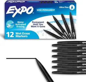 Wet Erase Markers, Semi-Permanent, Black, Ultra Fine Tip,For Writing on Glass, Whiteboards, Mirrors, Calendar, Labeling, Organizing 12 Count (Pack of 12) Wet Erase Markers, Semi-Permanent, Black, Ultra Fine Tip,For Writing on Glass, Whiteboards, Mirrors, Calendar, Labeling, Organizing 12 Count (Pack of 12)