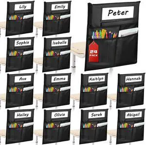 24 Pack Chair Pockets for Classrooms, 16" X 19" Seat Pockets for Classroom Chairs K-2, Chair Bags Organizer with Name Tag for Student Classroom Chair Back Storage in School-Black 24 Pack Chair Pockets for Classrooms, 16" X 19" Seat Pockets for Classroom Chairs K-2, Chair Bags Organizer with Name Tag for Student Classroom Chair Back Storage in School-Black
