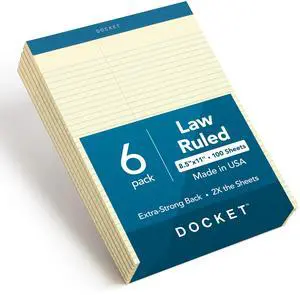 Docket Legal Pads, 6 Pack, Premium Note Pads, 100 Law Ruled 8.5" x 11" Sheets, Canary Yellow Paper with Firm Back, Professional Legal & Office Notepads, 2X More Sheets, Proudly Made in the USA Docket Legal Pads, 6 Pack, Premium Note Pads, 100 Law Ruled 8.5" x 11" Sheets, Canary Yellow Paper with Firm Back, Professional Legal & Office Notepads, 2X More Sheets, Proudly Made in the USA