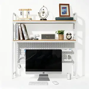 Desktop Shelf, Desk Hutch with Metal Pegboard, White | 2-Tier Desktop Display Rack With 4 Accessories, Multipurpose Desktop Bookshelf Storage Organizer Desktop Shelf, Desk Hutch with Metal Pegboard, White | 2-Tier Desktop Display Rack With 4 Accessories, Multipurpose Desktop Bookshelf Storage Organizer