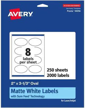 ® Matte White Oval Labels, Sure Feed® Technology, 2" x 3-1/3", 2,000 Matte White Printable Labels ® Matte White Oval Labels, Sure Feed® Technology, 2" x 3-1/3", 2,000 Matte White Printable Labels