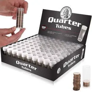 Quarter Coin Storage Tubes - 100 Pack | Archival Quality Plastic Coin Holders, Screw-On Caps | Long-Term Coin Storage Quarter Coin Storage Tubes - 100 Pack | Archival Quality Plastic Coin Holders, Screw-On Caps | Long-Term Coin Storage