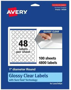 ® Glossy Clear Round Labels, Sure Feed® Technology, 1" Diameter, 4,800 Glossy Clear Labels, Print-To-The-Edge, Laser/Inkjet Printable ® Glossy Clear Round Labels, Sure Feed® Technology, 1" Diameter, 4,800 Glossy Clear Labels, Print-To-The-Edge, Laser/Inkjet Printable