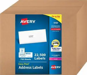 Easy Peel Address Labels, 1" X 2-5/8" - 22,500 Blank White Mailing Labels for Shipping, Printing and More (5160) Easy Peel Address Labels, 1" X 2-5/8" - 22,500 Blank White Mailing Labels for Shipping, Printing and More (5160)