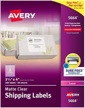 Matte Frosted Clear Address Labels for Laser Printers, 3-1/3" x 4", 300 Labels, 5 Packs (5664) Matte Frosted Clear Address Labels for Laser Printers, 3-1/3" x 4", 300 Labels, 5 Packs (5664)