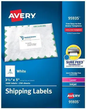 Printable Shipping Labels with Sure Feed, 3.5" x 5", White, 1,000 Blank Mailing Labels (95935) Printable Shipping Labels with Sure Feed, 3.5" x 5", White, 1,000 Blank Mailing Labels (95935)