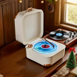 Retro Bluetooth Speaker with RGB Lights and 360° Sound Mini record player style speaker with rotating record detail, RGB lighting, Bluetooth 5.3, TF card and Type-C audio input Retro Bluetooth Speaker with RGB Lights and 360° Sound Mini record player style speaker with rotating record detail, RGB lighting, Bluetooth 5.3, TF card and Type-C audio input