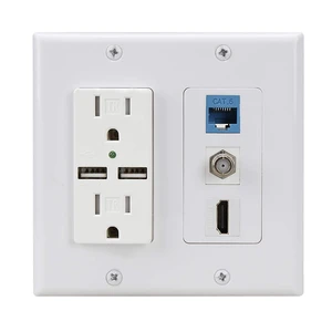 HDMI USB Outlet Charger Wall Plate, Cat6 Ethernet Coax 2 Power Outlet 15A, Dual 2.1A USB Charger Port, 1 HDMI HDTV + 1 CAT6 RJ45 + Coaxial Cable TV F Type Keystone Face Plate White HDMI USB Outlet Charger Wall Plate, Cat6 Ethernet Coax 2 Power Outlet 15A, Dual 2.1A USB Charger Port, 1 HDMI HDTV + 1 CAT6 RJ45 + Coaxial Cable TV F Type Keystone Face Plate White
