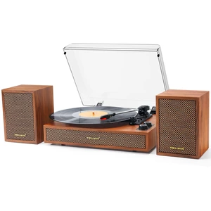 Vinyl Record Player with 2 External Speakers, Bluetooth in, Brown 3-speed belt drive, auto stop, RCA output and AUX input, vintage wood stereo décor for living rooms, bedrooms and gifting Vinyl Record Player with 2 External Speakers, Bluetooth in, Brown 3-speed belt drive, auto stop, RCA output and AUX input, vintage wood stereo décor for living rooms, bedrooms and gifting