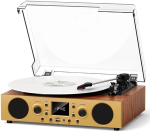 Vintage Walnut Bluetooth Record Player, 3-Speed Turntable Warm walnut finish with Bluetooth, 3-speed playback, USB recording, FM radio, display and built-in stereo speakers Vintage Walnut Bluetooth Record Player, 3-Speed Turntable Warm walnut finish with Bluetooth, 3-speed playback, USB recording, FM radio, display and built-in stereo speakers