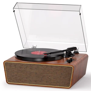 Vintage Walnut Bluetooth Record Player, 3-Speed Turntable Vintage walnut finish with Bluetooth, 3-speed playback, 4 speakers, PC recording, RCA output, headphone jack and auto stop Vintage Walnut Bluetooth Record Player, 3-Speed Turntable Vintage walnut finish with Bluetooth, 3-speed playback, 4 speakers, PC recording, RCA output, headphone jack and auto stop