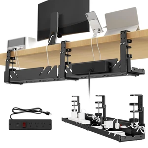 Under Desk Cable Management Tray with Power Outlet No Drill Clamp-On Cable Tray & Power Strip Holder, Metal Cord Organizer for Standing Desk, Home Office and Gaming Desk, Black Under Desk Cable Management Tray with Power Outlet No Drill Clamp-On Cable Tray & Power Strip Holder, Metal Cord Organizer for Standing Desk, Home Office and Gaming Desk, Black