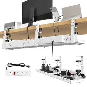 Under Desk Cable Management Tray with Power Outlet No Drill Clamp-On Cable Tray & Power Strip Holder, Metal Cord Organizer for Standing Desk, Home Office and Gaming Desk, White Under Desk Cable Management Tray with Power Outlet No Drill Clamp-On Cable Tray & Power Strip Holder, Metal Cord Organizer for Standing Desk, Home Office and Gaming Desk, White