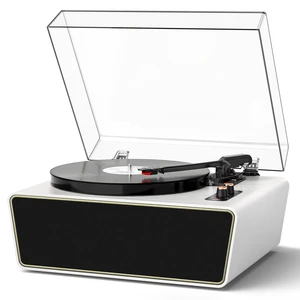 White Bluetooth Record Player, Full-Size 3-Speed Turntable Full-size design with Bluetooth, 3-speed playback, 4 speakers, ruby stylus, adjustable counterweight and auto stop White Bluetooth Record Player, Full-Size 3-Speed Turntable Full-size design with Bluetooth, 3-speed playback, 4 speakers, ruby stylus, adjustable counterweight and auto stop