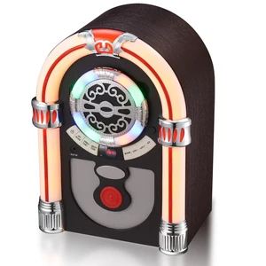 Retro Tabletop Jukebox with Bluetooth Speaker- Vintage Nostalgic Style FM Radio, AUX-in Port, EQ Modes, Color Changing LED Tubes, Wireless Music Streaming and Space - Saving Design(Brown) Retro Tabletop Jukebox with Bluetooth Speaker- Vintage Nostalgic Style FM Radio, AUX-in Port, EQ Modes, Color Changing LED Tubes, Wireless Music Streaming and Space - Saving Design(Brown)