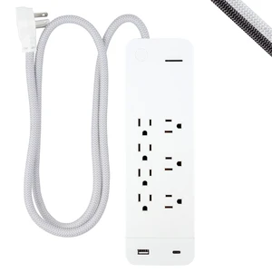Sur Protector Power Strip with USB Ports, 4 Ft Braided Extension Cord 1440 Joules, 7 Outlet Extender (Wide Spaced), 1 USB-A, 1 USB-C, Flat Plug, ETL Safety Listed, White, 41355 Sur Protector Power Strip with USB Ports, 4 Ft Braided Extension Cord 1440 Joules, 7 Outlet Extender (Wide Spaced), 1 USB-A, 1 USB-C, Flat Plug, ETL Safety Listed, White, 41355