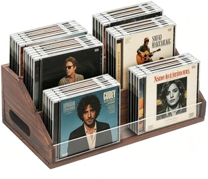Wooden CD Storage Rack & CD Holder Shelf, 3 Tier CD Case Organizer for Desktop, Solid Wood Media Storage Rack & DVD Stand, Small Record Holder for Tabletop Display and Organization, Brown Wooden CD Storage Rack & CD Holder Shelf, 3 Tier CD Case Organizer for Desktop, Solid Wood Media Storage Rack & DVD Stand, Small Record Holder for Tabletop Display and Organization, Brown