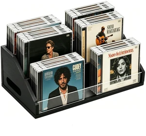 Wooden CD Storage Rack & CD Holder Shelf, 3 Tier CD Case Organizer for Desktop, Solid Wood Media Storage Rack & DVD Stand, Small Record Holder for Tabletop Display and Organization, Black Wooden CD Storage Rack & CD Holder Shelf, 3 Tier CD Case Organizer for Desktop, Solid Wood Media Storage Rack & DVD Stand, Small Record Holder for Tabletop Display and Organization, Black