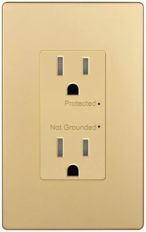 Surge Protector Receptacle, Tamper-Resistant Wall Outlet, 15A UL Listed, Matte Gold, 1500 Joules, Child Safe, Self-Grounding For Easy Installation, Polycarbonate Thermoplastic, Screwless Surge Protector Receptacle, Tamper-Resistant Wall Outlet, 15A UL Listed, Matte Gold, 1500 Joules, Child Safe, Self-Grounding For Easy Installation, Polycarbonate Thermoplastic, Screwless