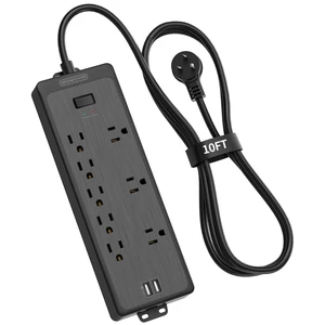 10 FT Long Extension Cord, Power Strip Surge Protector with 8 Outlet(3 Widely Spaced) and 2 USB Ports, 1875W/15A, Wall Mount, Desktop Charging Station for Home, Office and Dorm Essential 10 FT Long Extension Cord, Power Strip Surge Protector with 8 Outlet(3 Widely Spaced) and 2 USB Ports, 1875W/15A, Wall Mount, Desktop Charging Station for Home, Office and Dorm Essential