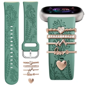 Floral Engraved Bands Compatible with Fitbit Versa 4/Versa 3/Sense 2/Sense Band with Charms, Soft Silicone Sport Fancy Replacement Wristbands Strap with Cute Decorative Rings Accessories for Women Floral Engraved Bands Compatible with Fitbit Versa 4/Versa 3/Sense 2/Sense Band with Charms, Soft Silicone Sport Fancy Replacement Wristbands Strap with Cute Decorative Rings Accessories for Women