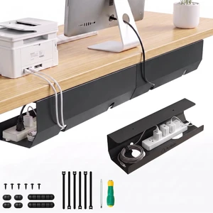 Under Desk Cable Management Tray, 2 Pack (16.5 in, Metal, Black) Two powder-coated steel C-shaped trays keep power strips, cords, and adapters organized with open cable access Under Desk Cable Management Tray, 2 Pack (16.5 in, Metal, Black) Two powder-coated steel C-shaped trays keep power strips, cords, and adapters organized with open cable access