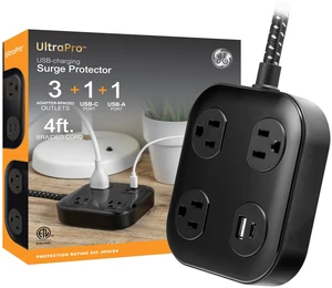 UltraPro Sur Protector Power Strip with USB Ports 4 Ft Braided Extension Cord, 245 Joules, 3 Outlet Extender, 1 USB-A, 1 USB-C, Flat Plug, ETL Listed, Black, 82592 UltraPro Sur Protector Power Strip with USB Ports 4 Ft Braided Extension Cord, 245 Joules, 3 Outlet Extender, 1 USB-A, 1 USB-C, Flat Plug, ETL Listed, Black, 82592