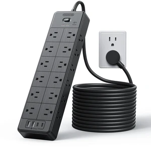 Large Power Strip Surge Protector, 15FT Extension Cord with 24 AC Outlets, 1875W/15A, 4000 Joules Flat Plug Power Extender for Home, Office, Dorm, Gaming Room, Black Large Power Strip Surge Protector, 15FT Extension Cord with 24 AC Outlets, 1875W/15A, 4000 Joules Flat Plug Power Extender for Home, Office, Dorm, Gaming Room, Black