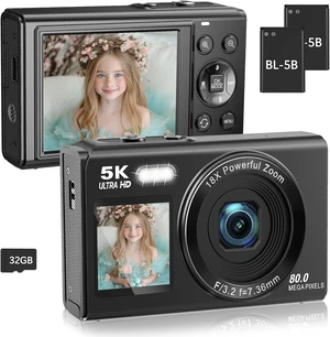 Dual Screen 5K Digital Camera for Vlogging with Fill Light - 80MP, 16X Zoom, WiFi, YouTube/Blogging, Includes 32GB Card & 2 Batteries (X9-Black) Dual Screen 5K Digital Camera for Vlogging with Fill Light - 80MP, 16X Zoom, WiFi, YouTube/Blogging, Includes 32GB Card & 2 Batteries (X9-Black)