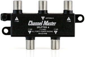Splitter 4 4-Way Splitter Distributes Digital HDTV Antenna Signal to 4 TVs, One Input and Four Outputs, Power Passing for Preamplifiers and Boosters, Low-Loss Design, Indoor/Outdoor Splitter 4 4-Way Splitter Distributes Digital HDTV Antenna Signal to 4 TVs, One Input and Four Outputs, Power Passing for Preamplifiers and Boosters, Low-Loss Design, Indoor/Outdoor